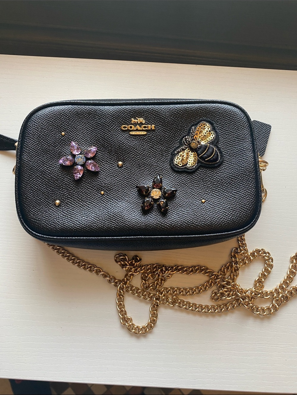 Coach Black Leather Crossbody with Gold Chain and Jeweled Appliqués